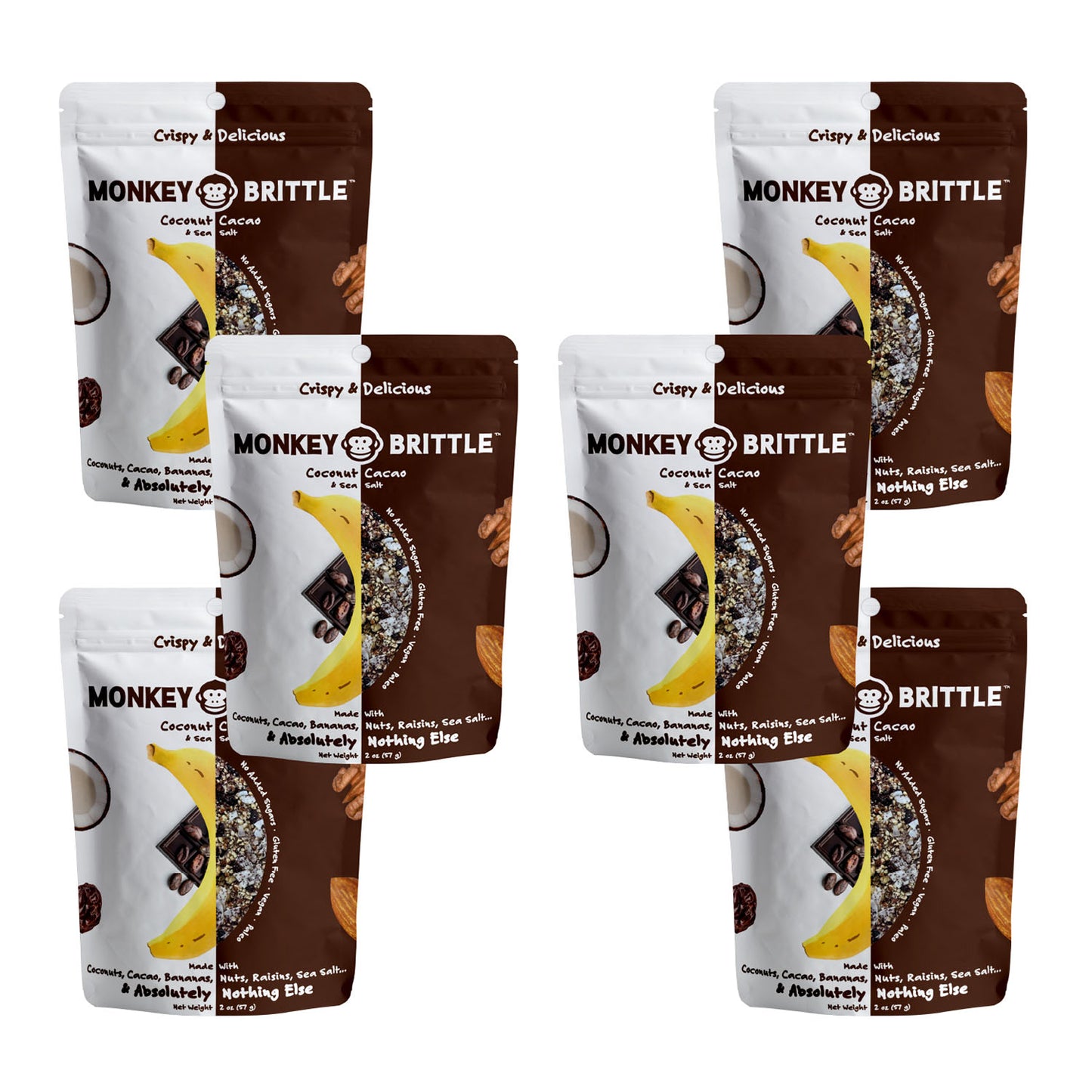 6 packs of coconut cacao flavor monkey brittle in white and brown resealable bags. On the center of the bag there is an organic banana and cacao nibs. Around the edges of the bag there is a coconut, almond, and raisin