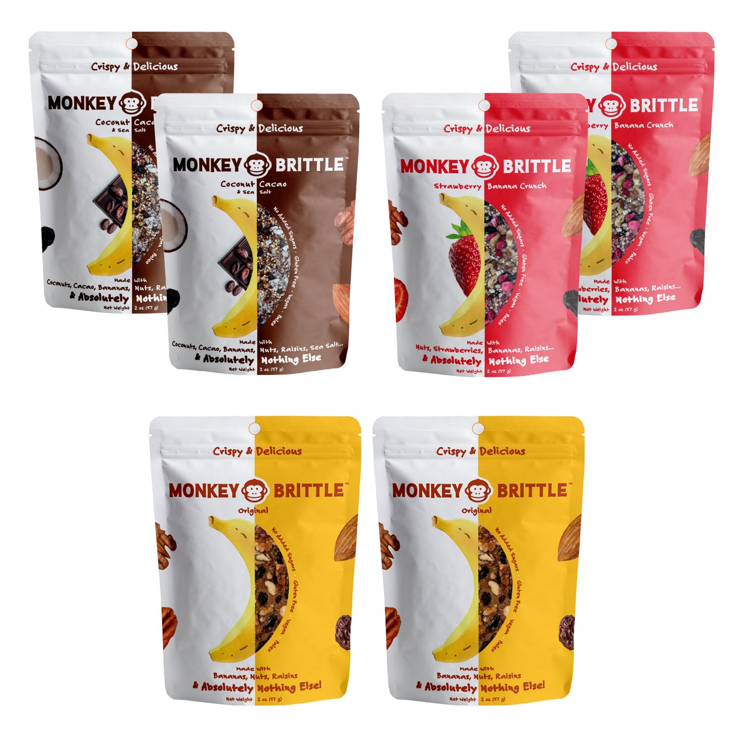 6 small pouches of monkey brittle on a white background. There are 3 different flavors depicted, strawberry, coconut cacao, and original