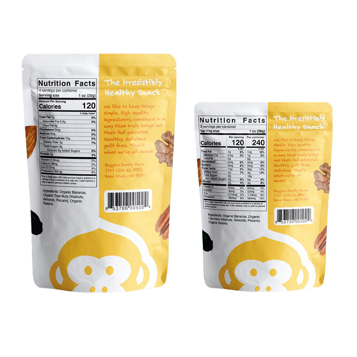 One large and one small yellow and white packages of monkey brittle