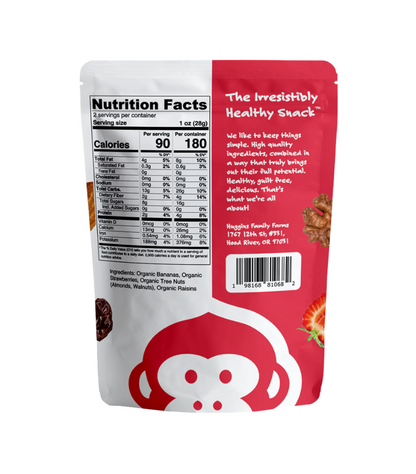 The back side of a single pack of strawberry flavored monkey brittle on a white background. The package says the irresistibly healthy snack on the top, and has a cartoon monkey face at the bottom