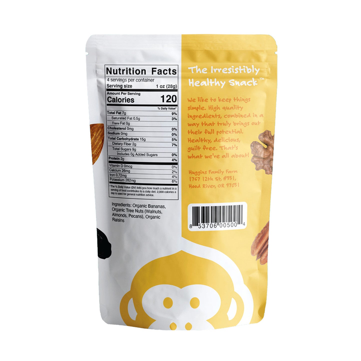 One large yellow and white bag of monkey brittle. The bag is resealable and has the irresistibly healthy snack written on it, as well as the ingredients and nutritional value.