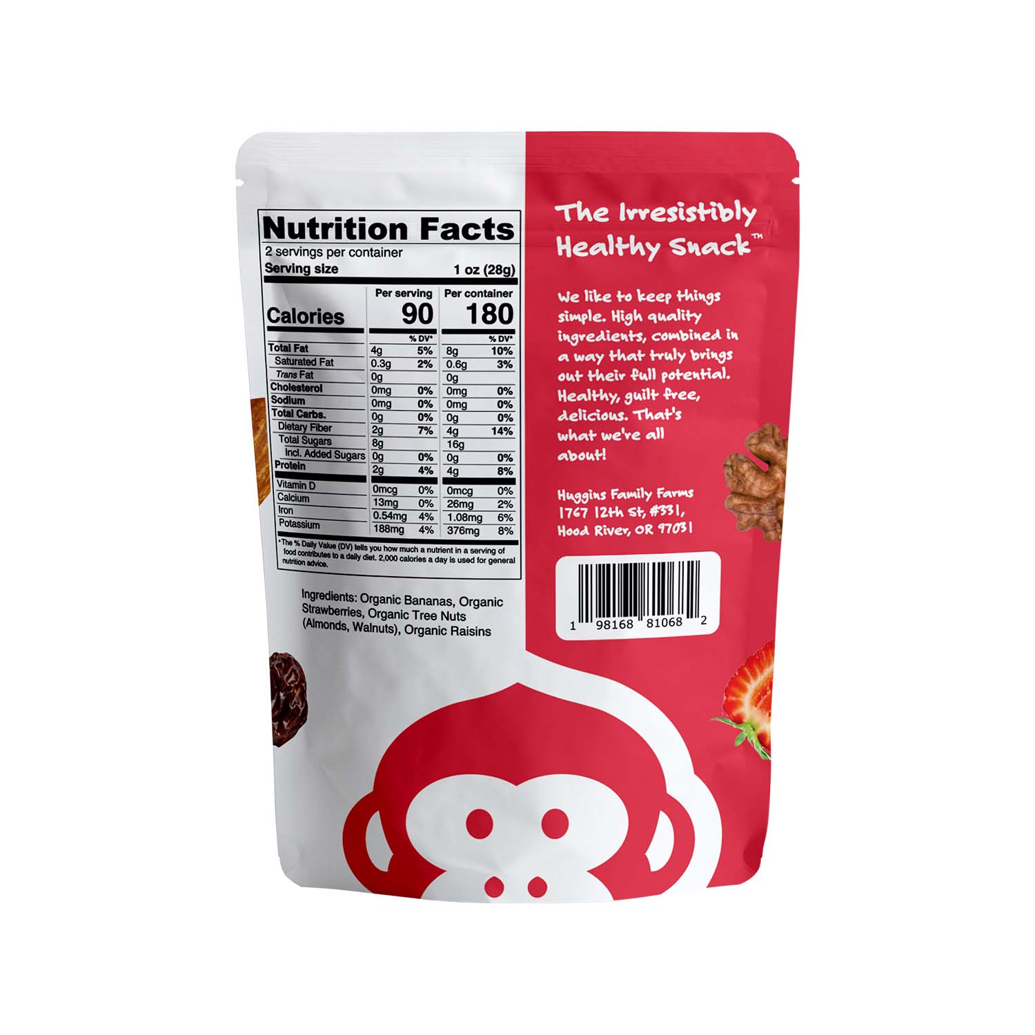 The back side of a single pack of strawberry flavored monkey brittle on a white background. The package says the irresistibly healthy snack on the top, and has a cartoon monkey face at the bottom