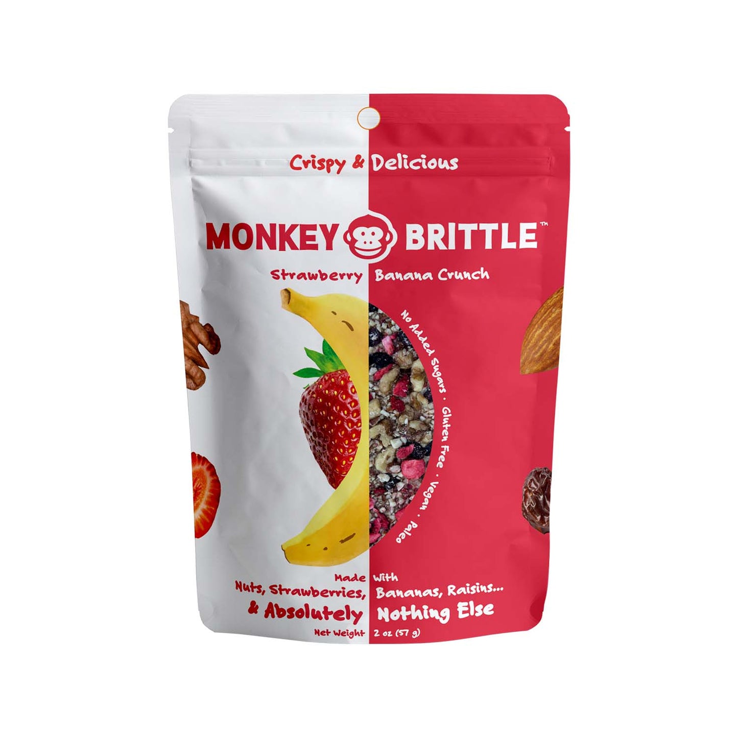 A single pack of organic strawberry flavored monkey brittle on a white background. The package features an organic banana and strawberry in the center. 