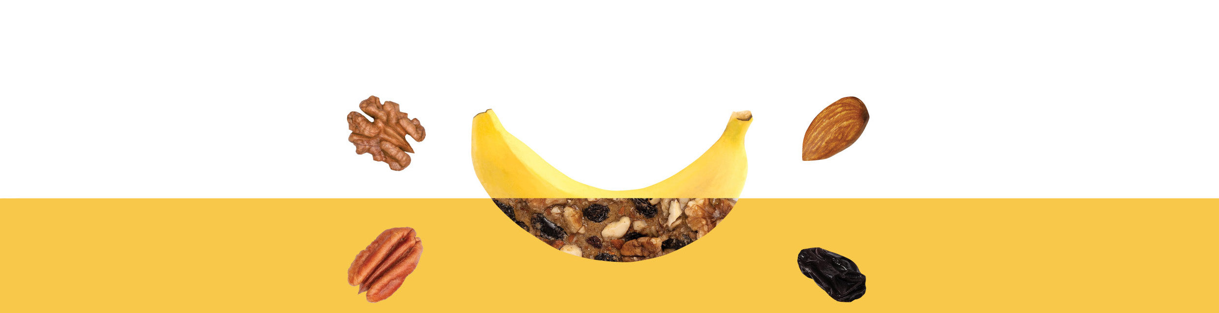 An organic banana surrounded by tree nuts and a raisin. The banana is split horizontally, showing monkey brittle inside it. 