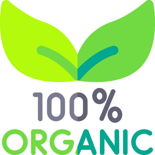 a green icon depicting two small leaves, with the words 100% organic written underneath