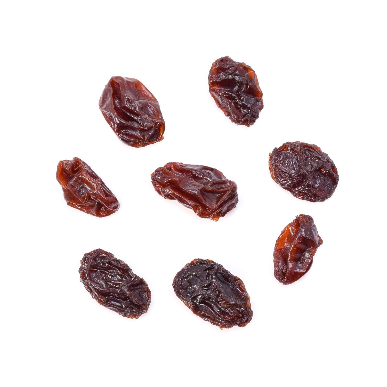 Eight organic raisins on a white background