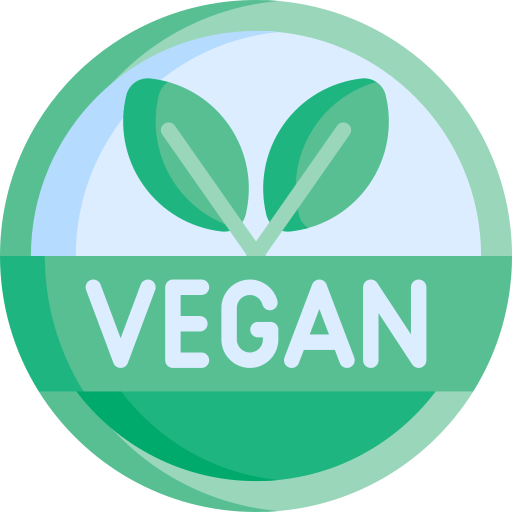 A circular green and blue icon showing two green plant leaves and the word vegan
